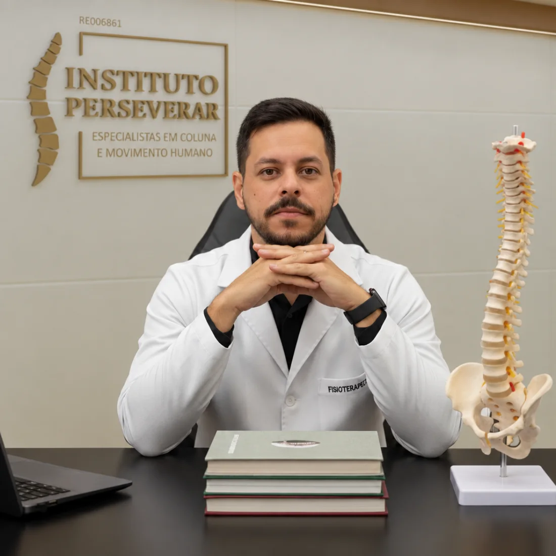 Dr. Pedro Rosário no consultório com um modelo de coluna